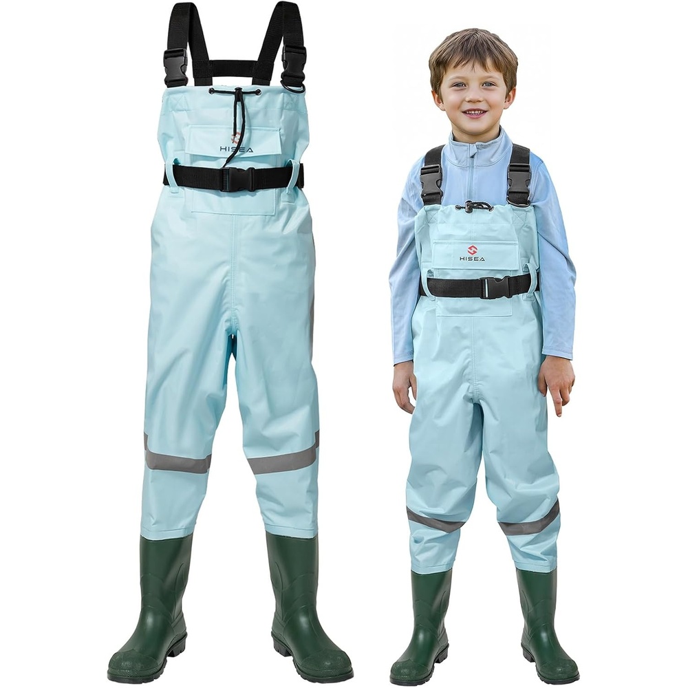 image:imageHISEA Kids Chest Waders with Boots Youth Waterproof Fishing Wader PVC Waders for Toddler Children with Reflect Safety BandBlue