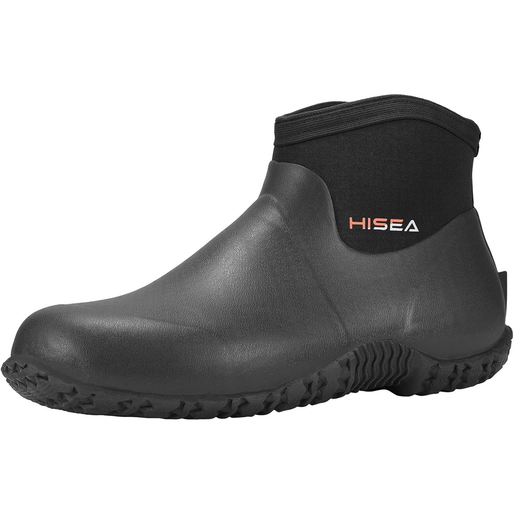 image:imageHISEA Mens Ankle Rain Boots Waterproof Rubber Garden Boots Insulated Neoprene Mud Shoes SlipOn Outdoor Work Booties for Gardening Farming Fishing Hunting Yard and Lawn ChoreBlack