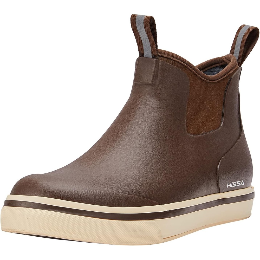 image:imageHISEA Mens Deck Rain Boots Saltwater Fishing Booties Waterproof Ankle Rain Boots with High TractionBrown