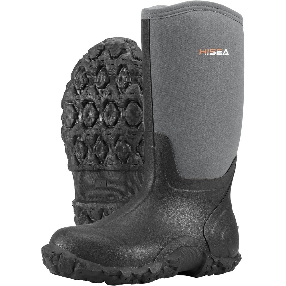 image:imageHISEA Mens Rain Boots Neoprene Rubber Boots Waterproof Insulated Mud Boots Mid Height Garden ShoesGrey