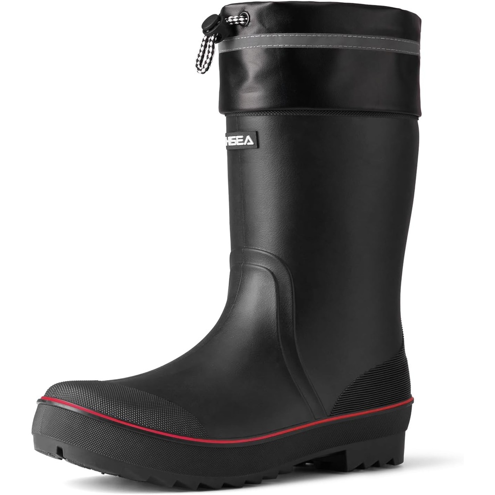 image:imageHISEA Mens Rain Boots Waterproof PVC Rubber Mud Boots Lightweight Comfort MidCalf Work Boots Garden Shoes for Fishing Farming Walking DogsBlack WRedtrim