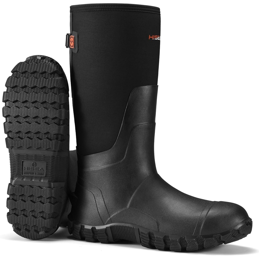 image:imageHISEA Mens Rain Boots with Steel Shank Waterproof Insulated Neoprene Rubber Work Boots Durable AntiSlip Outdoor Mud Shoes Adjustable Calf for Hunting Gardening Farming FishingBlack