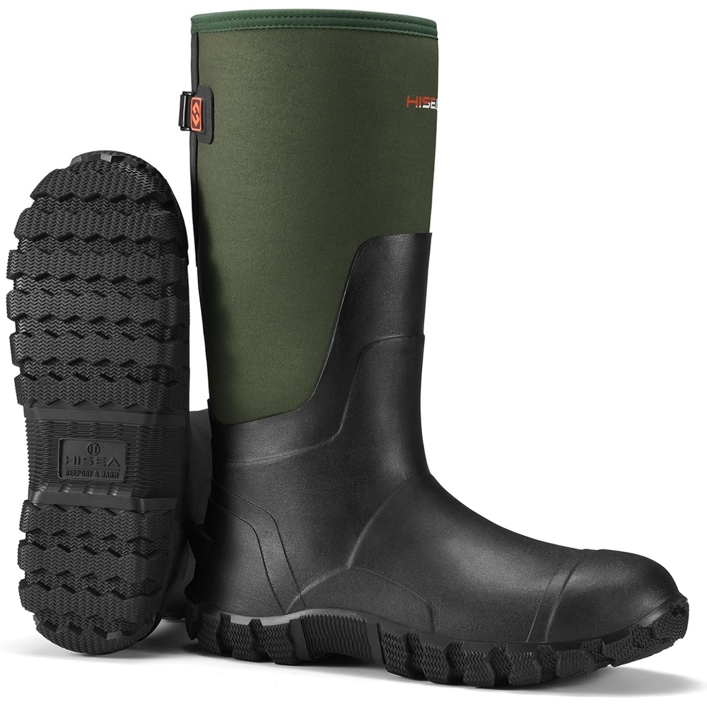 image:imageHISEA Mens Rain Boots with Steel Shank Waterproof Insulated Neoprene Rubber Work Boots Durable AntiSlip Outdoor Mud Shoes Adjustable Calf for Hunting Gardening Farming FishingGreen