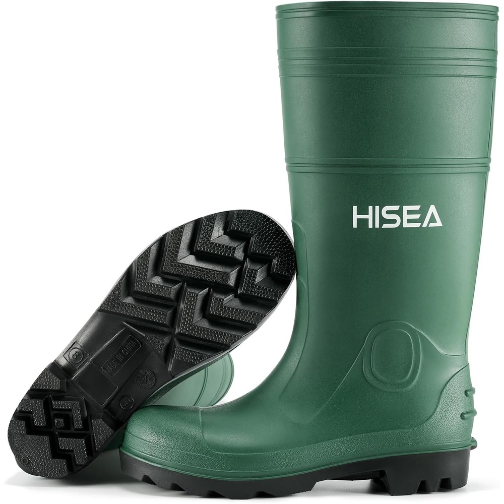 image:imageHISEA Mens Steel Shank Rain Boots Waterproof PVC Rubber Boots Garden Fishing NonSlip Ourdoor Work Boots Lightweight Seamless Knee High Mud Rainboots for Agriculture and Industrial WorkingGreen