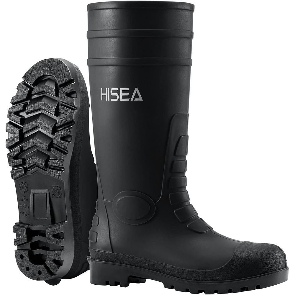 image:imageHISEA Mens Steel Toe Rain Boots PVC Rubber Boots Waterproof Garden Fishing Outdoor Work Boots Durable Slip Resistant Knee Boots for Agriculture and Industrial WorkingBlackwide