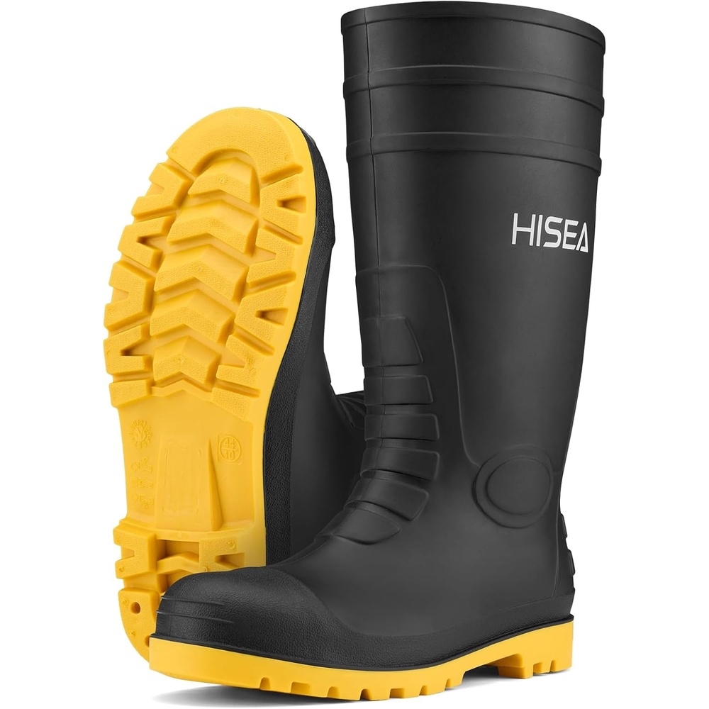 image:imageHISEA Mens Steel Toe Rain Boots PVC Rubber Boots Waterproof Garden Fishing Outdoor Work Boots Durable Slip Resistant Knee Boots for Agriculture and Industrial WorkingBlackYellow