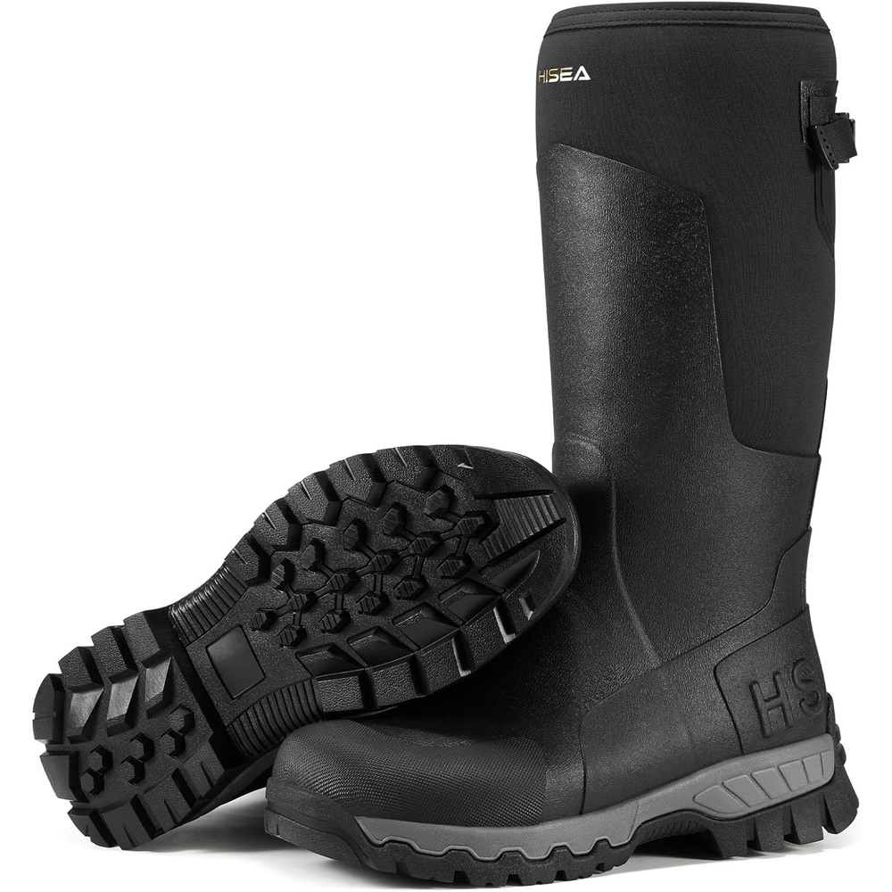 image:imageHISEA Mens Tall Boot with Arctic Ice Grip Waterproof Rubber Rain Boots Insulated Neoprene Warm Mud Boots for Outdoor Work HuntingBlack