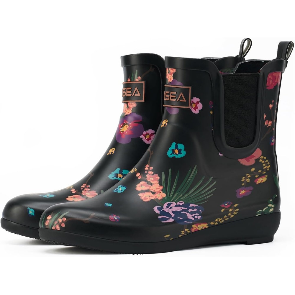 image:imageHISEA Rubber Rain Boots for Women Slim Fit Waterproof Chelsea Rain Boots Short Ankle Garden Shoes Wedge Heel AntiSlipping Rainboots Fashion Outdoor Work Booties for Gardening Farming Commuting WalkingBlack Floral