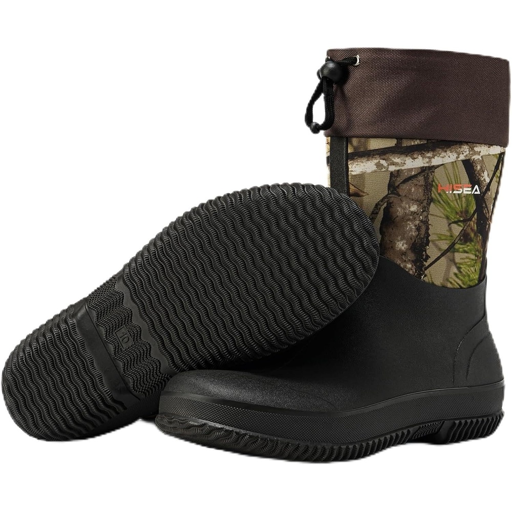 image:imageHISEA Upgraded Garden Boots for Men Mud Resistant Outdoor Work Boots Mens Waterproof Neoprene Rubber Insulated Rain Shoes Ankle High RainbootsCamo