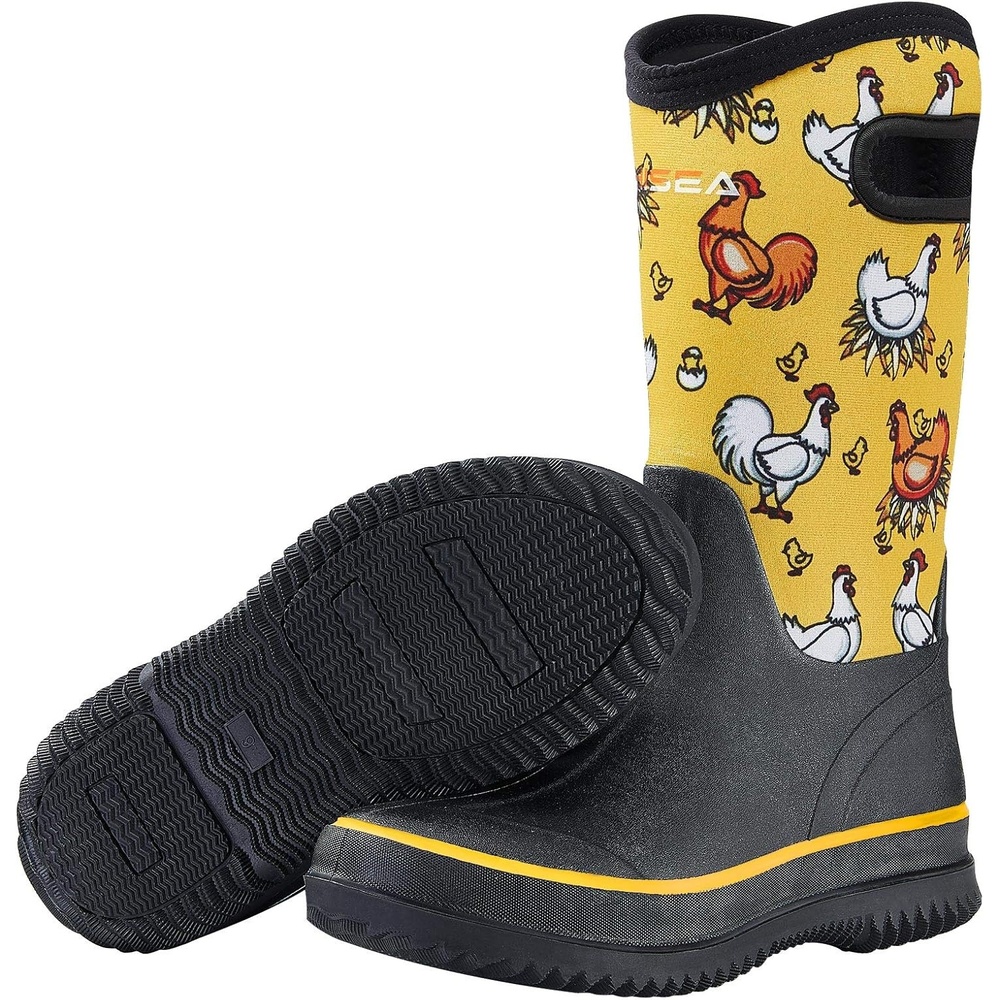image:imageHISEA Women Mud Boots Neoprene Rubber Garden Shoes Waterproof Mid Calf Rain Boots for OutdoorYellow Chicken