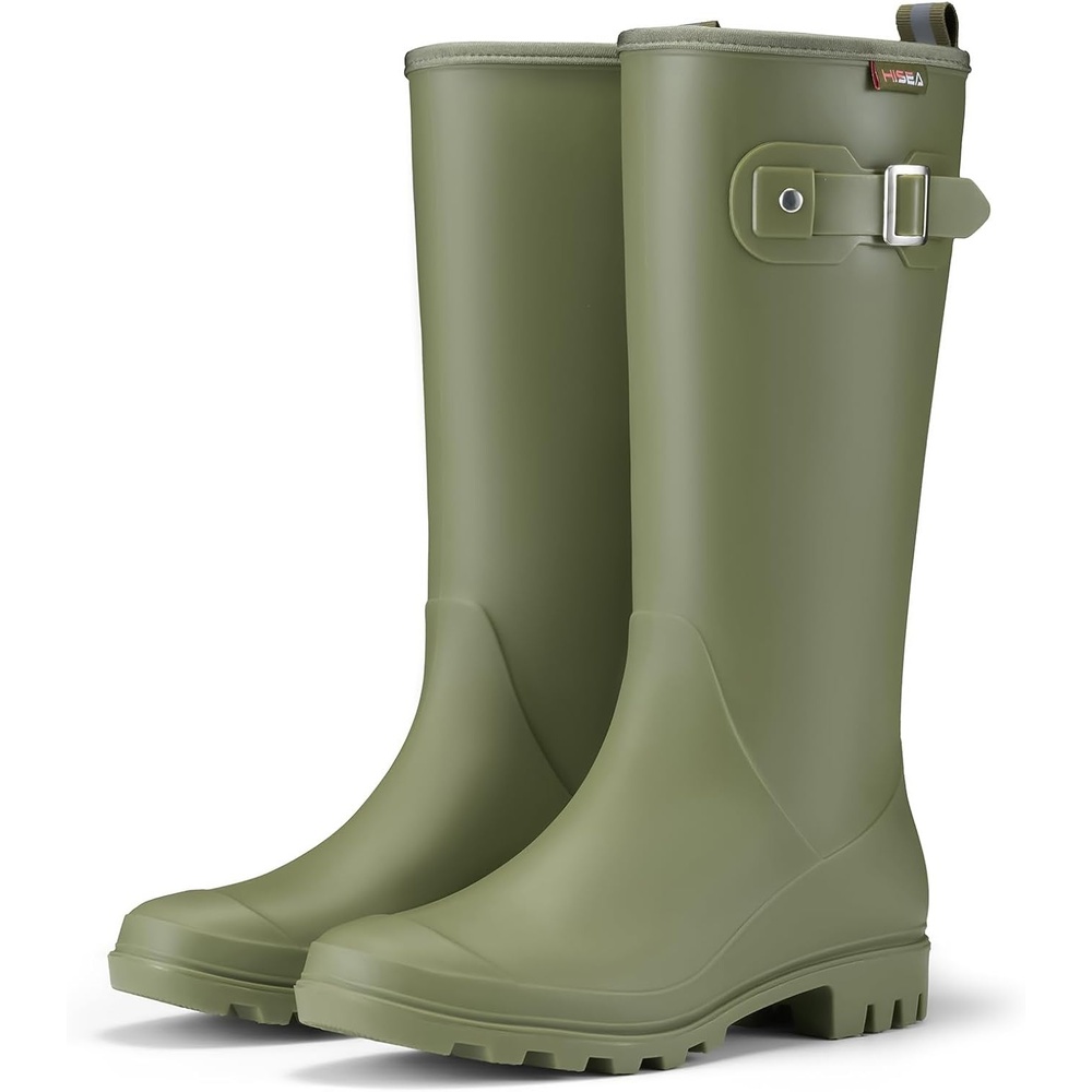 image:imageHISEA Women Rain Boots Slim Calf Fashion Waterproof PVC Rubber Boot Tall Rainboots Matte Surface Womens Rain Footwear for Ladies Outdoor Work WalkingOlive Greenslim Calf