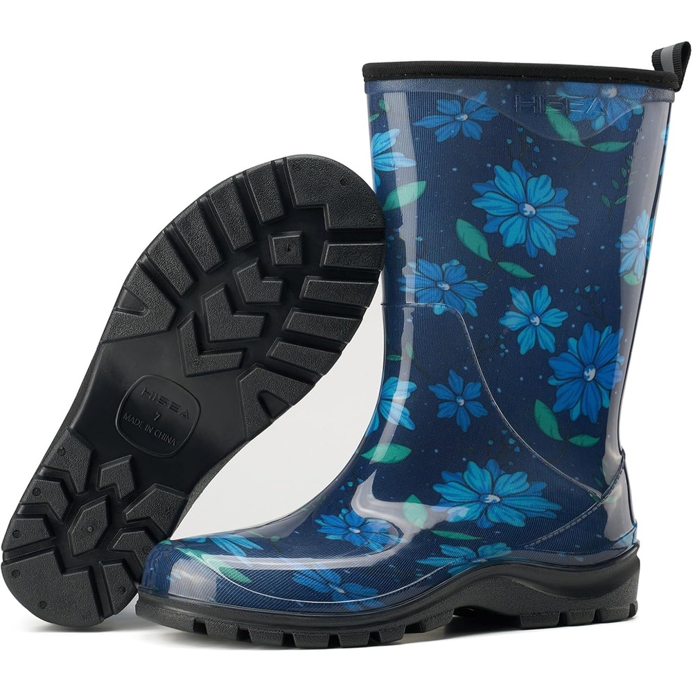 image:imageHISEA Womens Garden Boots Upgraded Wide Round Toe Mid Calf Waterproof Rain Boots NonSlip PVC Mud Boots for Outdoor Farm Work amp GardeningBlue Flower