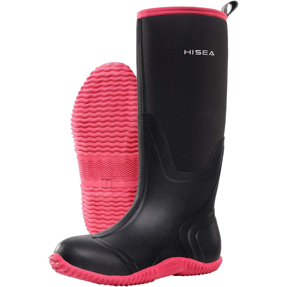 image:imageHISEA Womens Rain Boots Knee High Rubber Boots Waterproof Insulated Neoprene Mud Boots AntiSlip Outdoor Work Boots for Hunting Gardening Farming Yard Working Size 611Pink