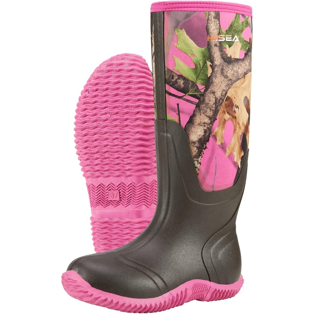 image:imageHISEA Womens Rain Boots Knee High Rubber Boots Waterproof Insulated Neoprene Mud Boots AntiSlip Outdoor Work Boots for Hunting Gardening Farming Yard Working Size 611Pink Camo