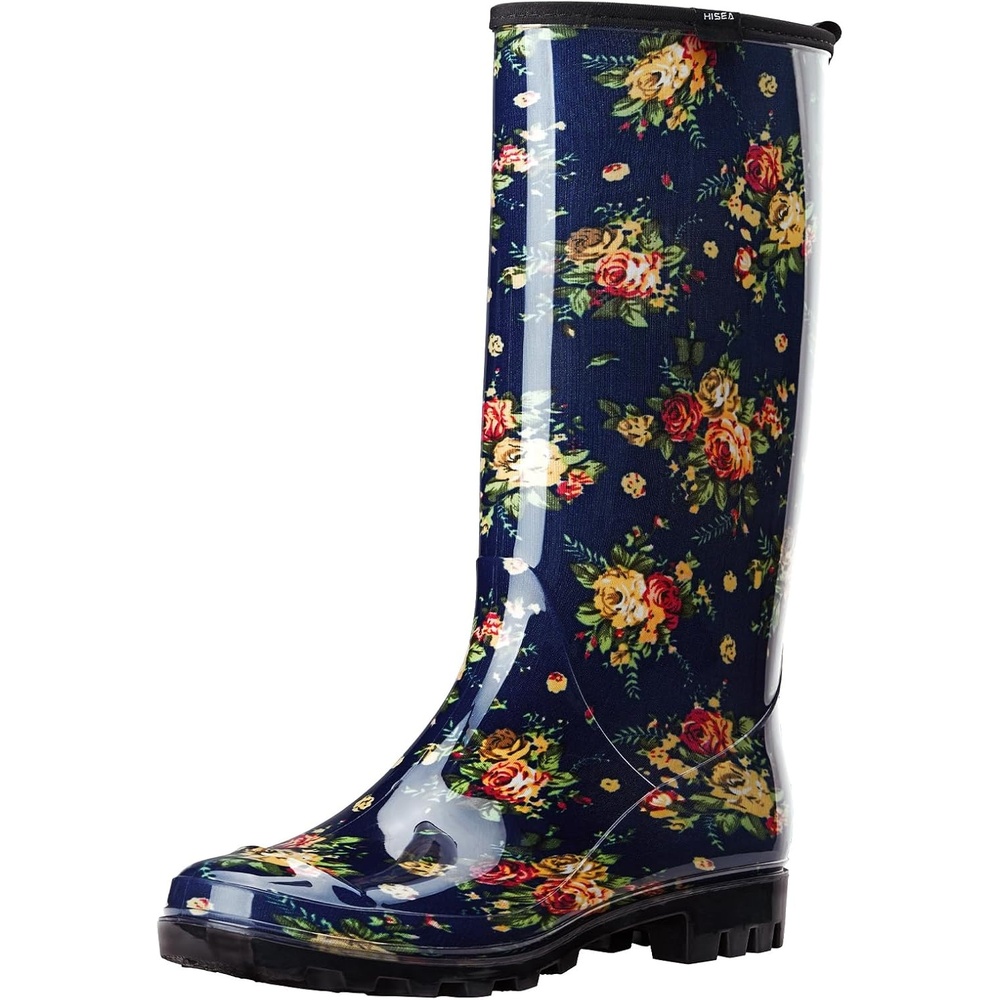 image:imageHISEA Womens Tall Rain Boots Waterproof Garden Boots Fashion Print Rubber PVC Rainboots For Ladies AntiSlip Knee High Mud Boots for Outdoor Gardening Farm Yard Work Slim Calf amp Wide CalfFlower Navy