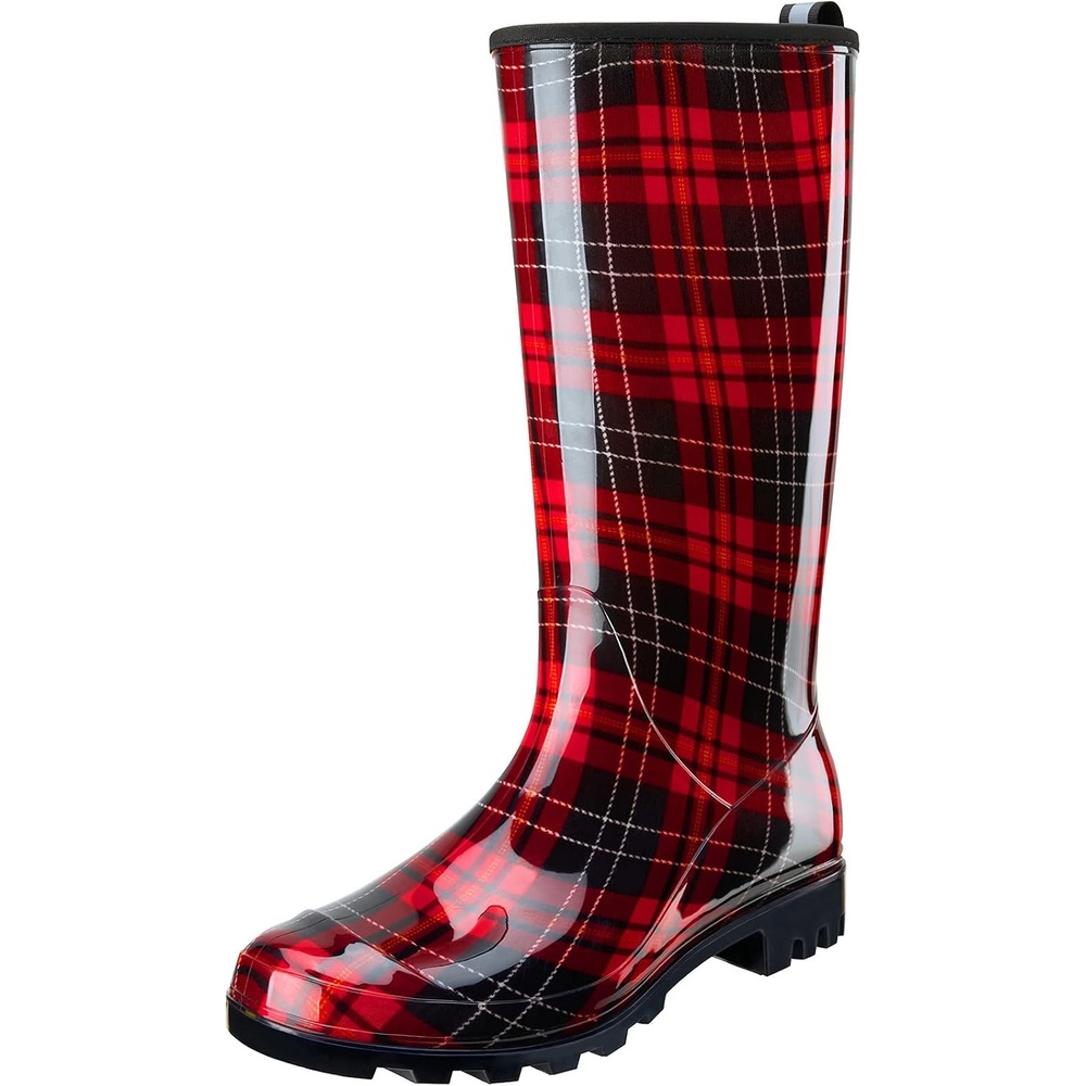 image:imageHISEA Womens Tall Rain Boots Waterproof Garden Boots Fashion Print Rubber PVC Rainboots For Ladies AntiSlip Knee High Mud Boots for Outdoor Gardening Farm Yard Work Slim Calf amp Wide CalfRed Plaid
