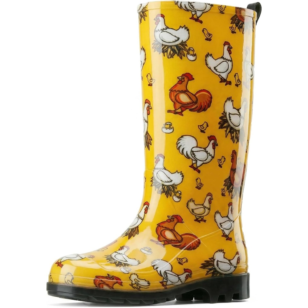 image:imageHISEA Womens Tall Rain Boots Waterproof Garden Boots Fashion Print Rubber PVC Rainboots For Ladies AntiSlip Knee High Mud Boots for Outdoor Gardening Farm Yard Work Slim Calf amp Wide CalfChicken Print Yellow Wide