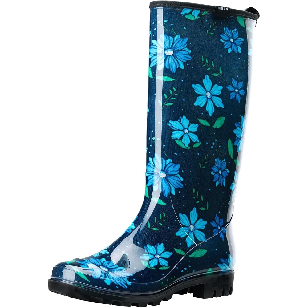 image:imageHISEA Womens Tall Rain Boots Waterproof Garden Boots Fashion Print Rubber PVC Rainboots For Ladies AntiSlip Knee High Mud Boots for Outdoor Gardening Farm Yard Work Slim Calf amp Wide CalfBlue Flower
