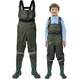 image:imageHISEA Kids Chest Waders with Boots Youth Waterproof Fishing Wader PVC Waders for Toddler Children with Reflect Safety BandGreen