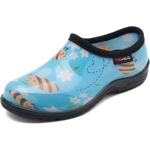 image:imageHISEA Waterproof Garden Shoe for Women Outdoor SlipOn Rain Boots Rubber Rain Shoes Short Ankle Booties and Garden Clogs with Comfort Insole Size 8 Bee Print Light Blue