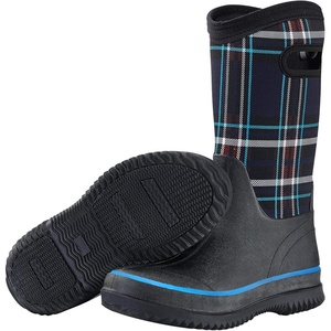 image:imageHISEA Women Mud Boots Neoprene Rubber Garden Shoes Waterproof Mid Calf Rain Boots for OutdoorNavy Plaid