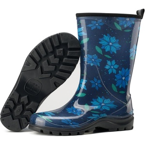 image:imageHISEA Womens Garden Boots Upgraded Wide Round Toe Mid Calf Waterproof Rain Boots NonSlip PVC Mud Boots for Outdoor Farm Work amp GardeningBlue Flower