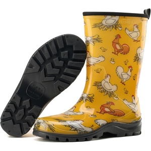 image:imageHISEA Womens Garden Boots Upgraded Wide Round Toe Mid Calf Waterproof Rain Boots NonSlip PVC Mud Boots for Outdoor Farm Work amp GardeningYellow Chicken Print