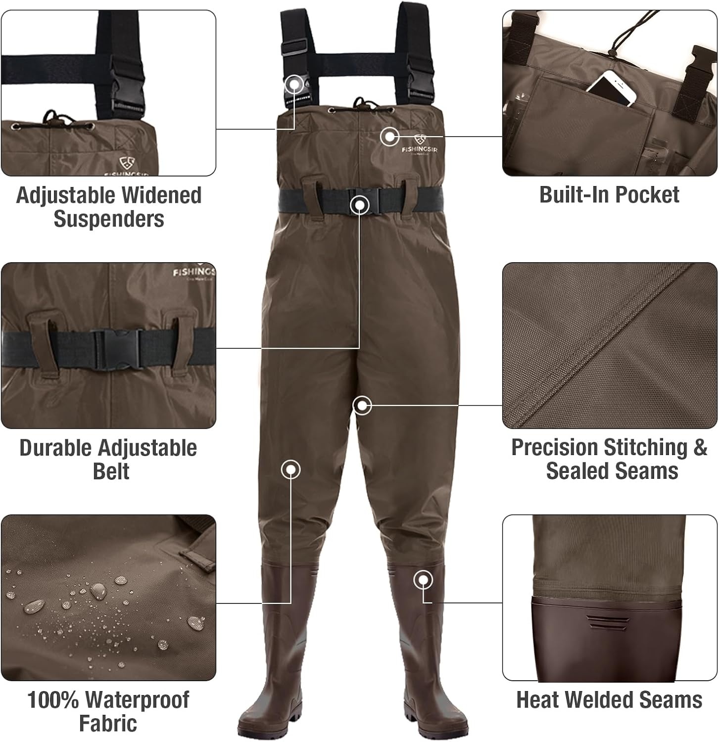 image:imageFISHINGSIR Fishing Waders for Men 2Ply NylonPVC Waterproof Women Chest Wader with Boots Bootfoot Hunting WadersBrown