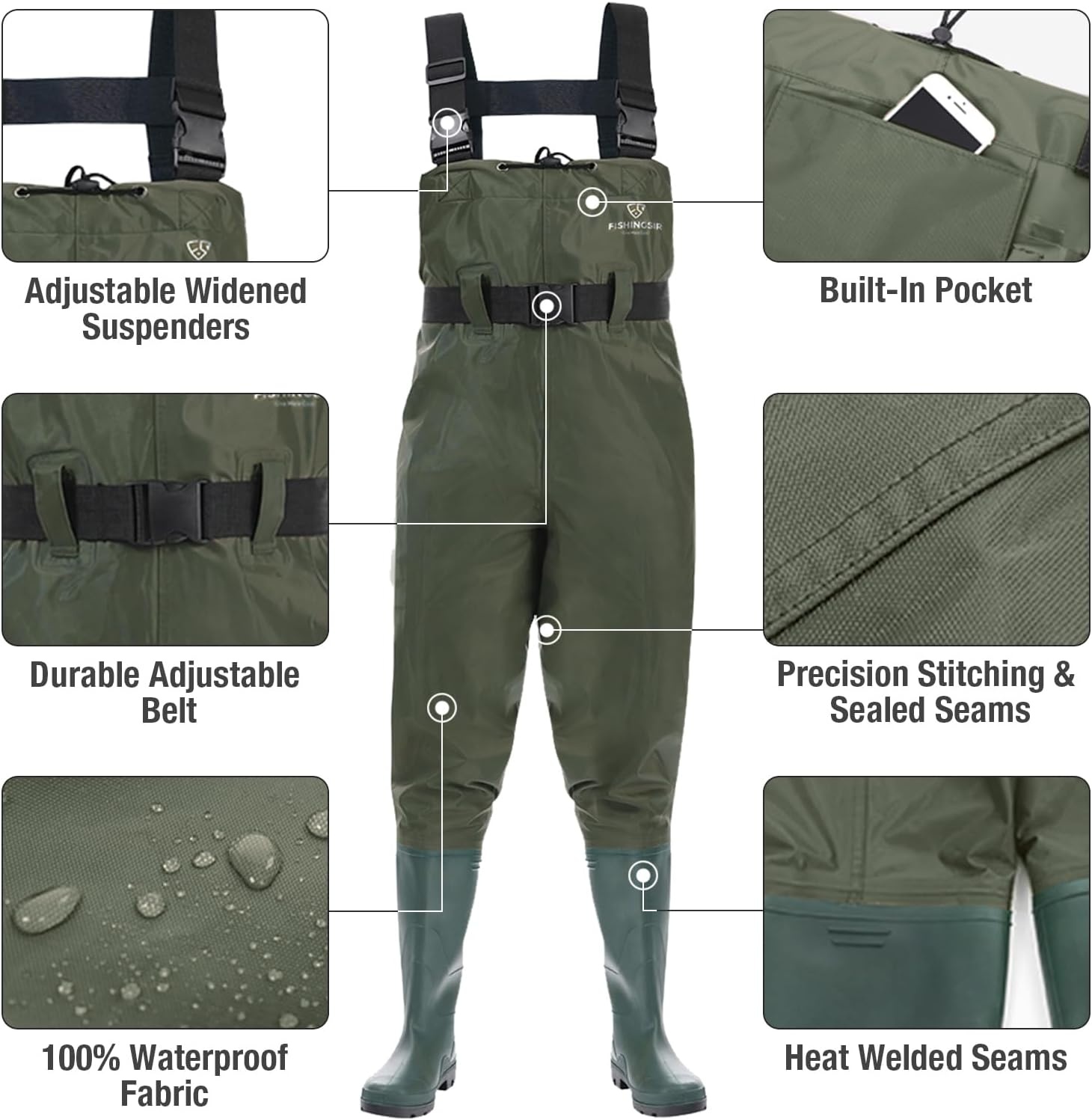 image:imageFISHINGSIR Fishing Waders for Men 2Ply NylonPVC Waterproof Women Chest Wader with Boots Bootfoot Hunting WadersGreen