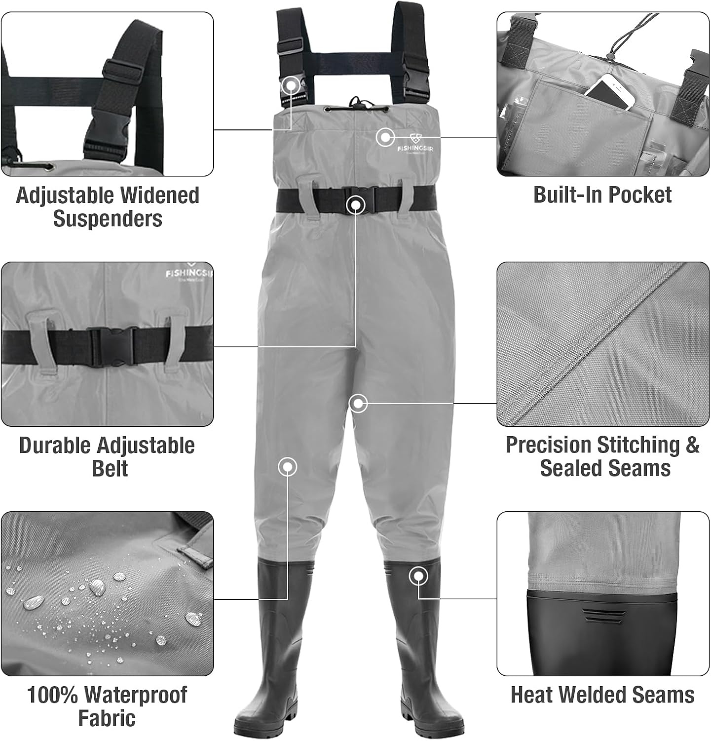 image:imageFISHINGSIR Fishing Waders for Men 2Ply NylonPVC Waterproof Women Chest Wader with Boots Bootfoot Hunting WadersStone Grey