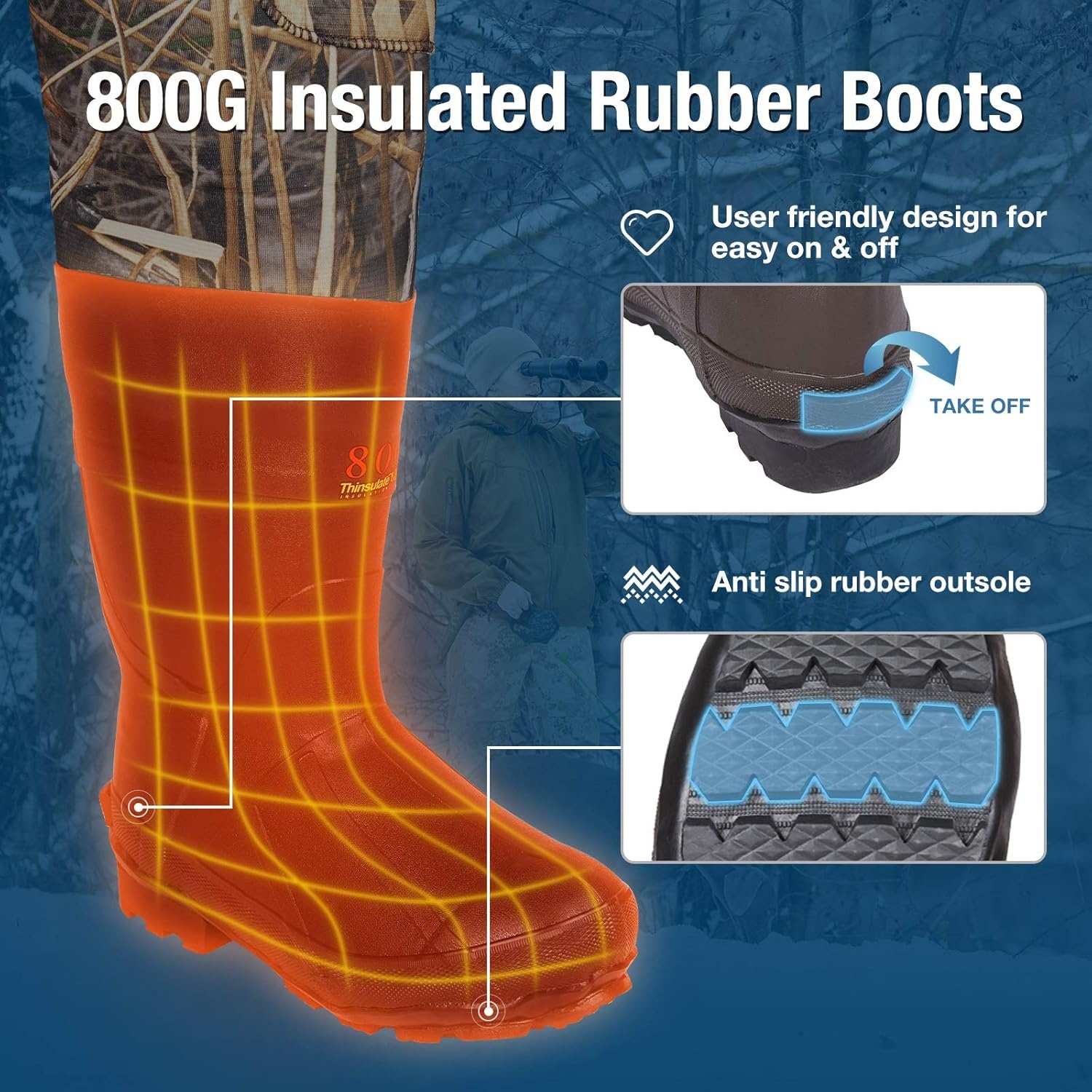 image:imageHISEA Chest Waders for Men Hunting Wader with 800G Insulated Boots 45mm Neoprene Waterproof Mens Camo Bootfoot WadersNext Camo Evos