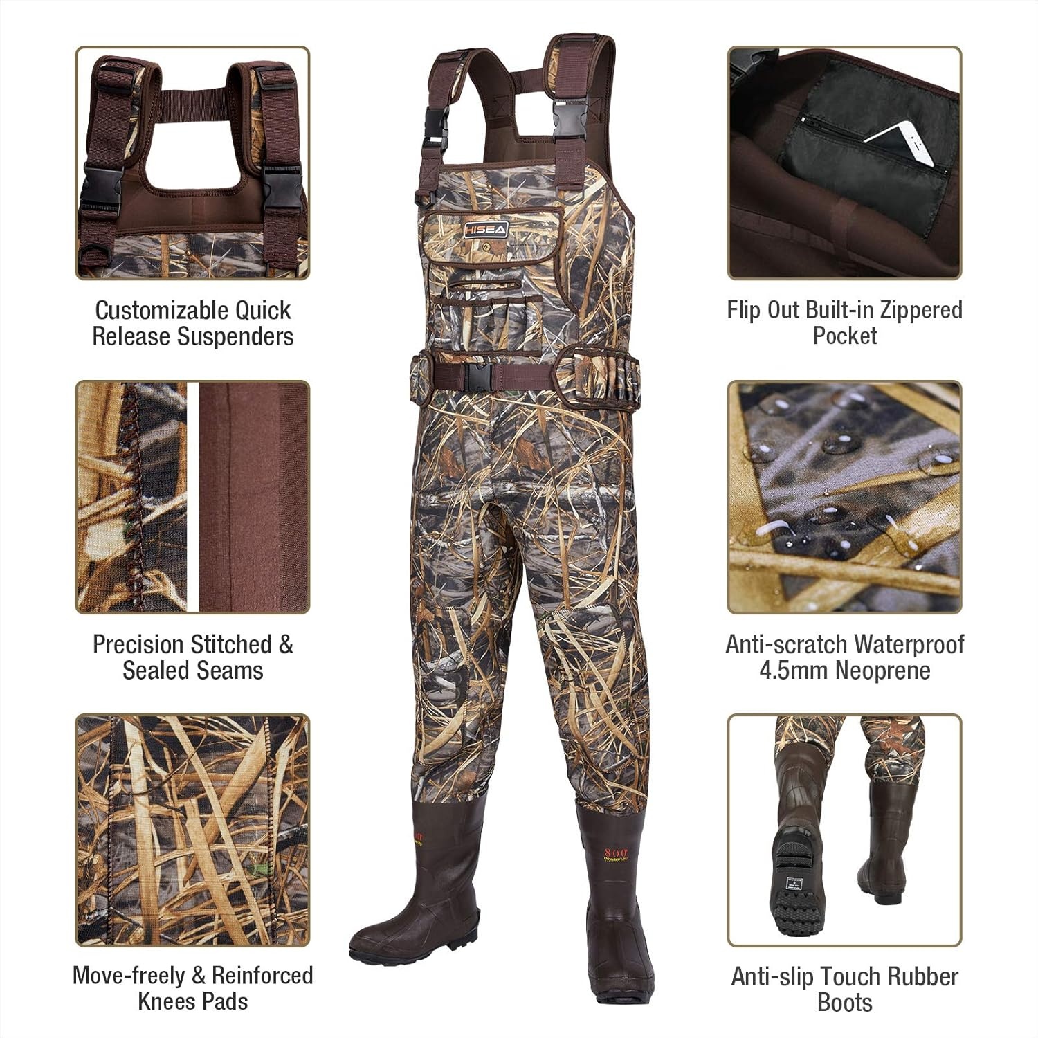 image:imageHISEA Chest Waders for Men Hunting Wader with 800G Insulated Boots 45mm Neoprene Waterproof Mens Camo Bootfoot WadersNext Camo Evos