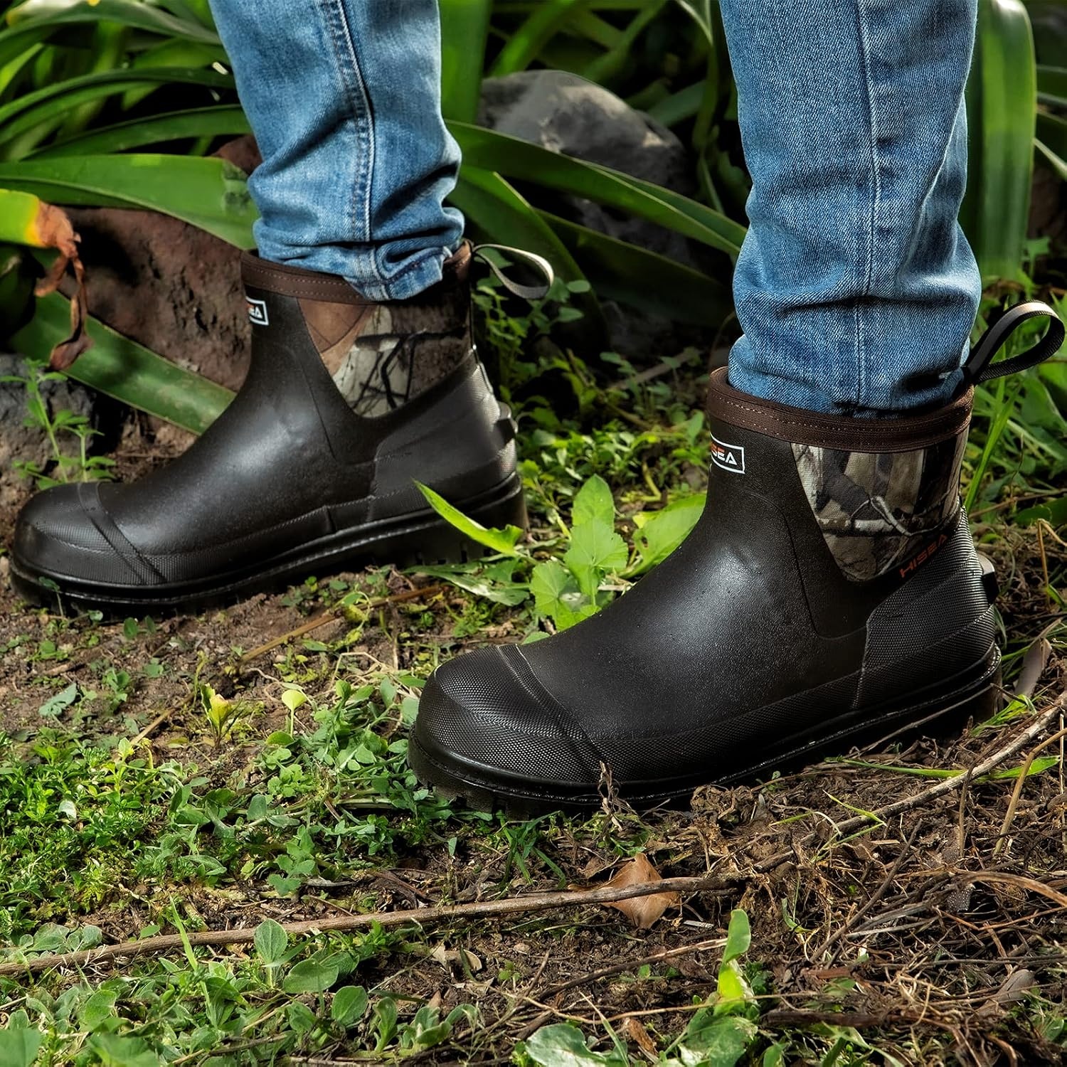 image:imageHISEA Mens Chelsea Rain Boots Rubber Ankle Short Boots for Men Waterproof Durable Insulated Mud Booties for Outdoor Garden WorkBlack