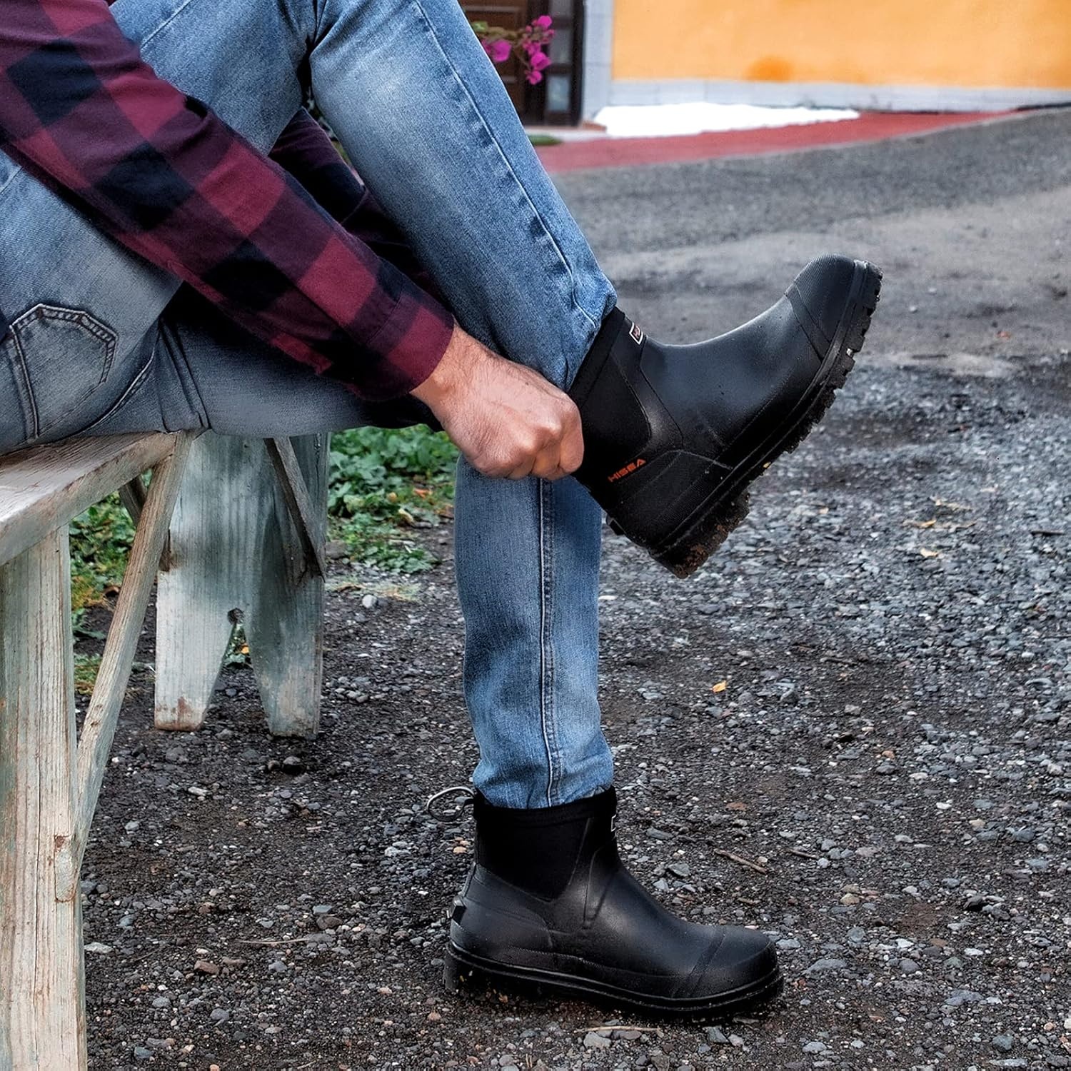 image:imageHISEA Mens Chelsea Rain Boots Rubber Ankle Short Boots for Men Waterproof Durable Insulated Mud Booties for Outdoor Garden WorkBlack