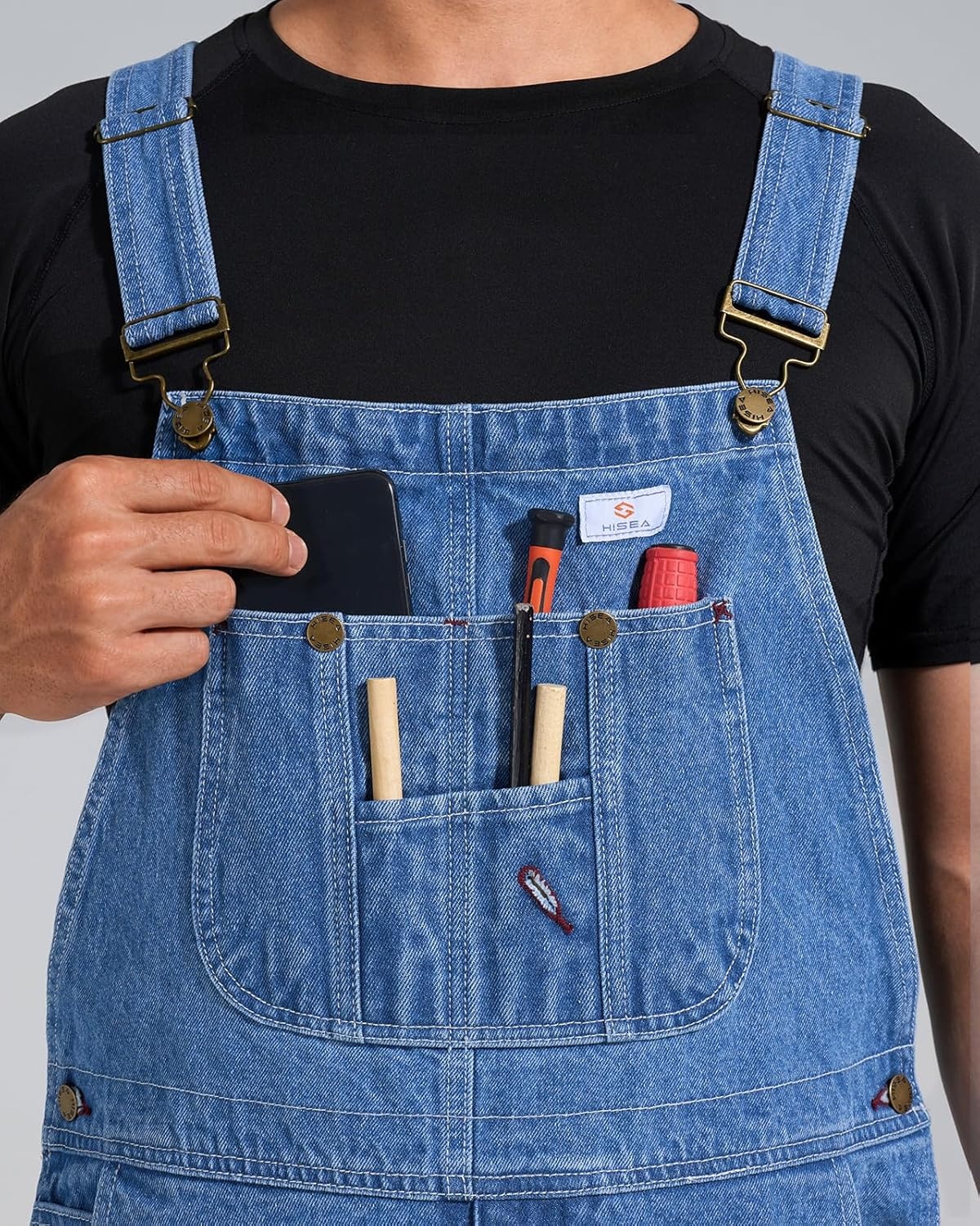 image:imageHISEA Mens Denim Bib Overalls Mens Overalls Workwear with Adjustable Straps and Convenient Tool PocketsStone Washed Blue