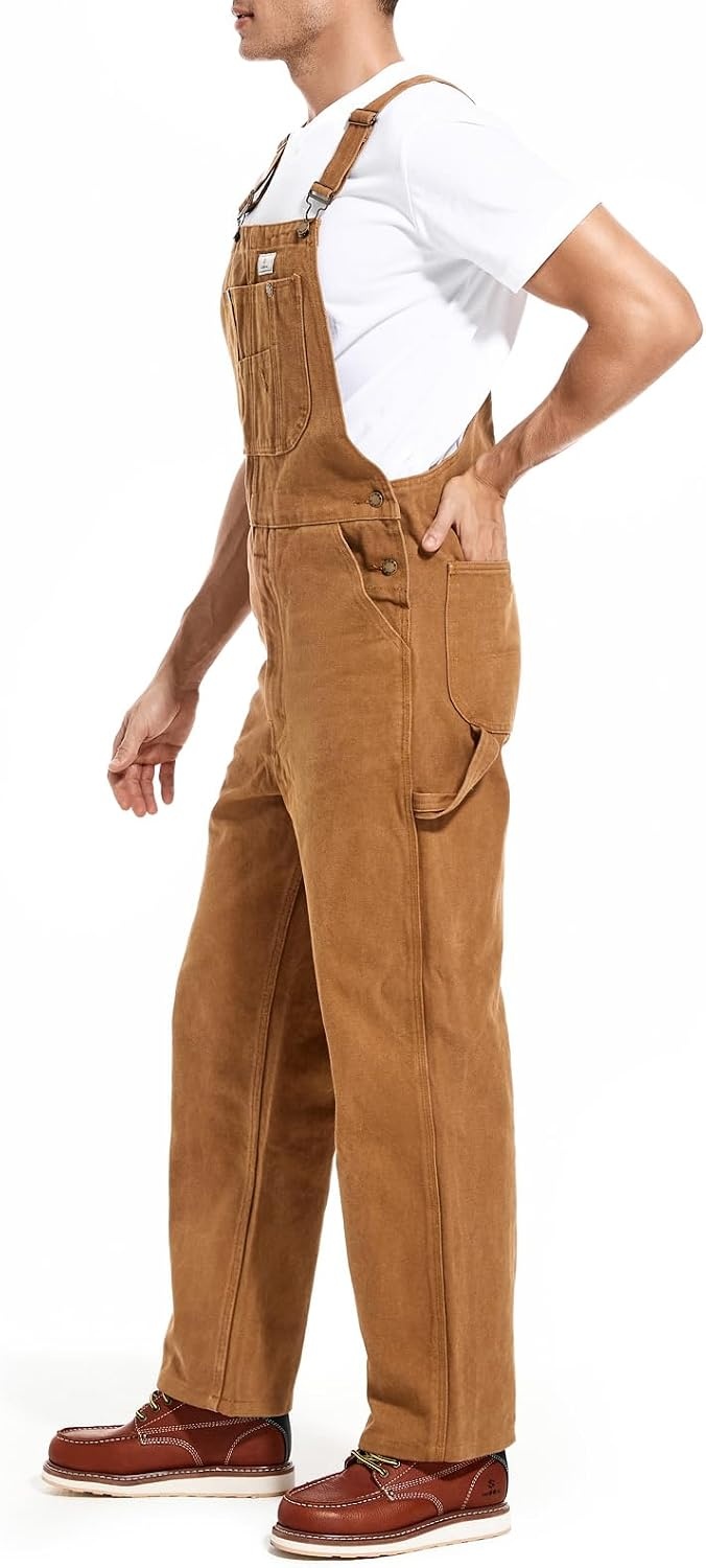 image:imageHISEA Mens Denim Bib Overalls Mens Overalls Workwear with Adjustable Straps and Convenient Tool PocketsWashed Brown Duck