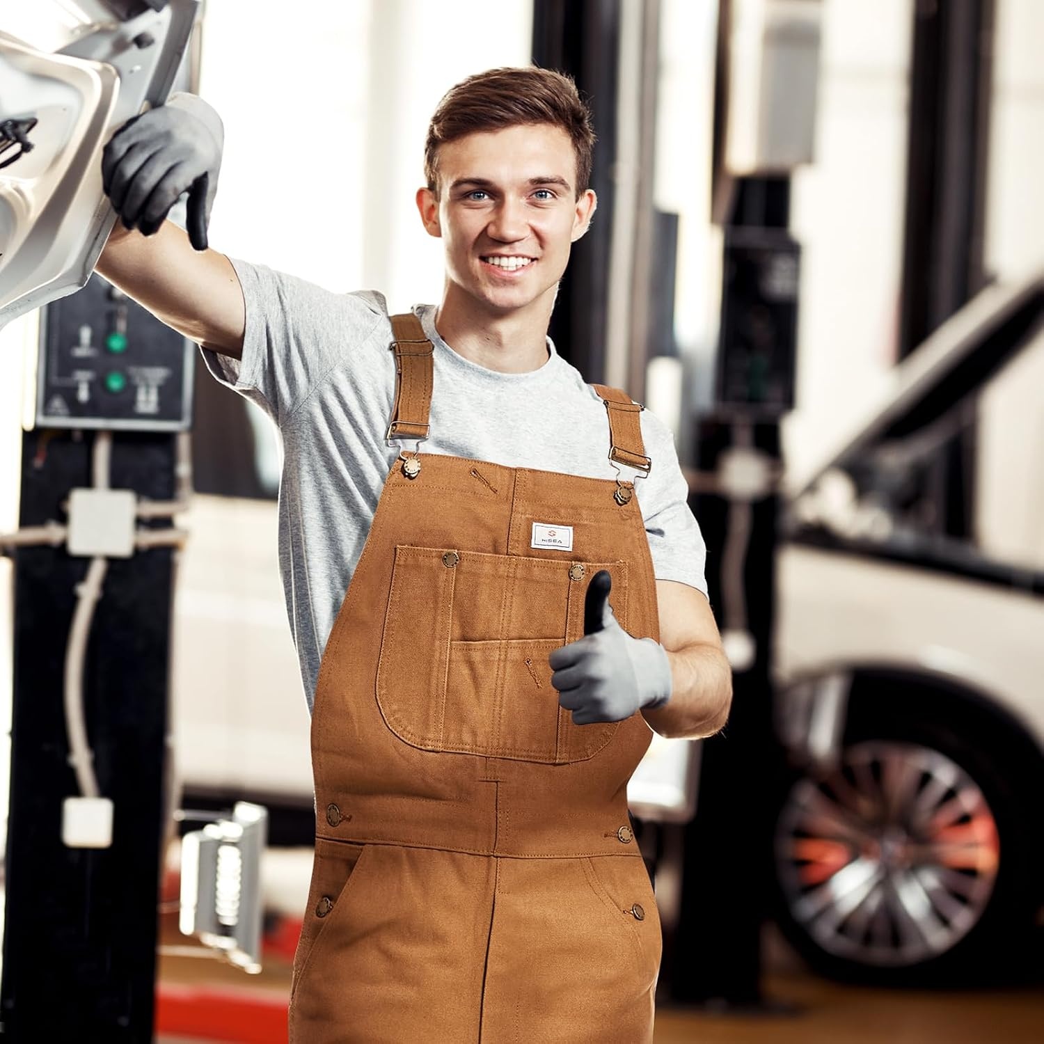 image:imageHISEA Mens Denim Bib Overalls Mens Overalls Workwear with Adjustable Straps and Convenient Tool PocketsWashed Brown Duck