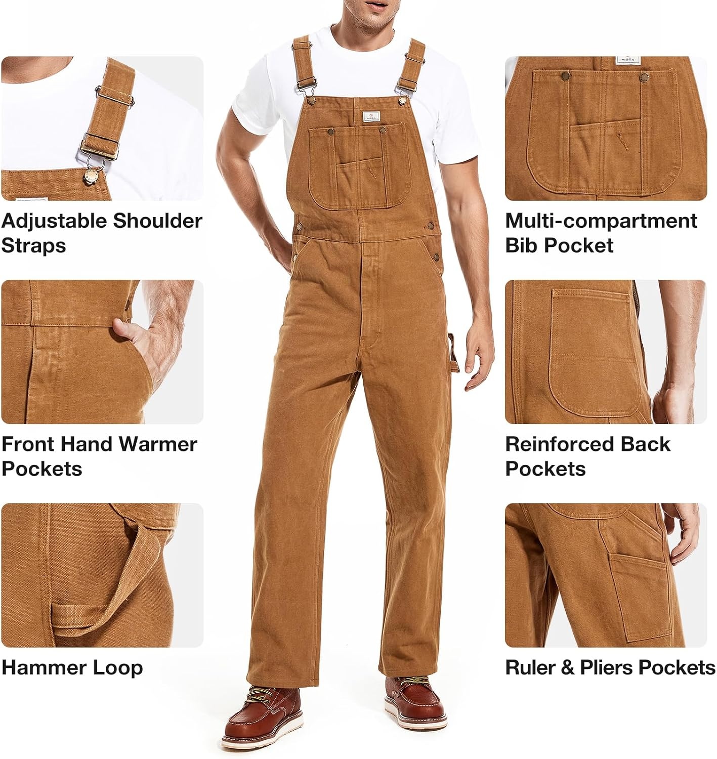 image:imageHISEA Mens Denim Bib Overalls Mens Overalls Workwear with Adjustable Straps and Convenient Tool PocketsWashed Brown Duck