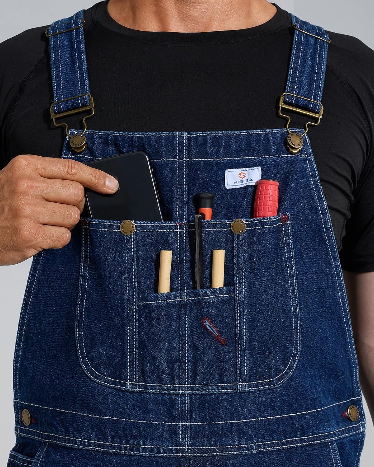 image:imageHISEA Mens Denim Bib Overalls Mens Overalls Workwear with Adjustable Straps and Convenient Tool PocketsWashed Dark Indigo