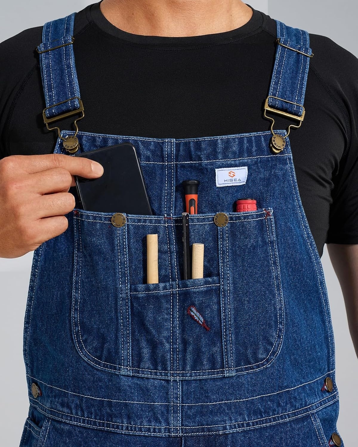 image:imageHISEA Mens Denim Bib Overalls Mens Overalls Workwear with Adjustable Straps and Convenient Tool PocketsWashed Indigo Blue