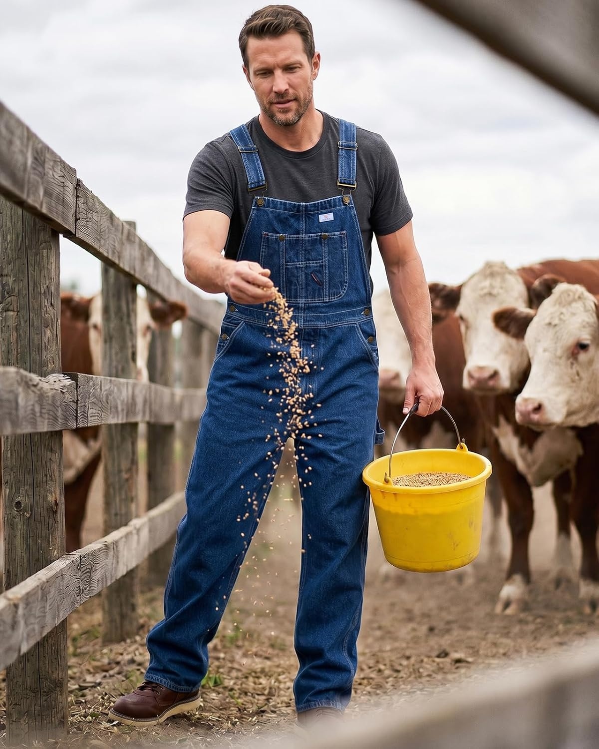 image:imageHISEA Mens Denim Bib Overalls Mens Overalls Workwear with Adjustable Straps and Convenient Tool PocketsWashed Indigo Blue