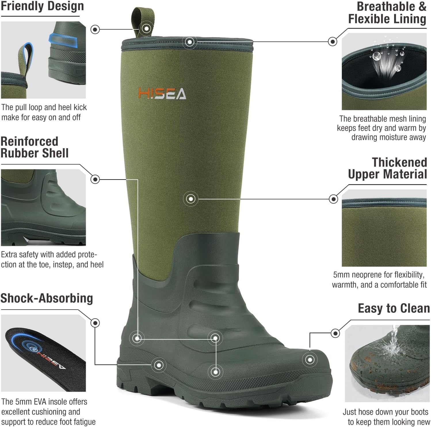 image:imageHISEA Mens Neoprene Rubber Rain BootsWaterproof Insulated Hunting Fishing Mud BootsWarm Boot with Comfortable NonSlip Soles Suitable for Outdoor Garden WorkOlive Green