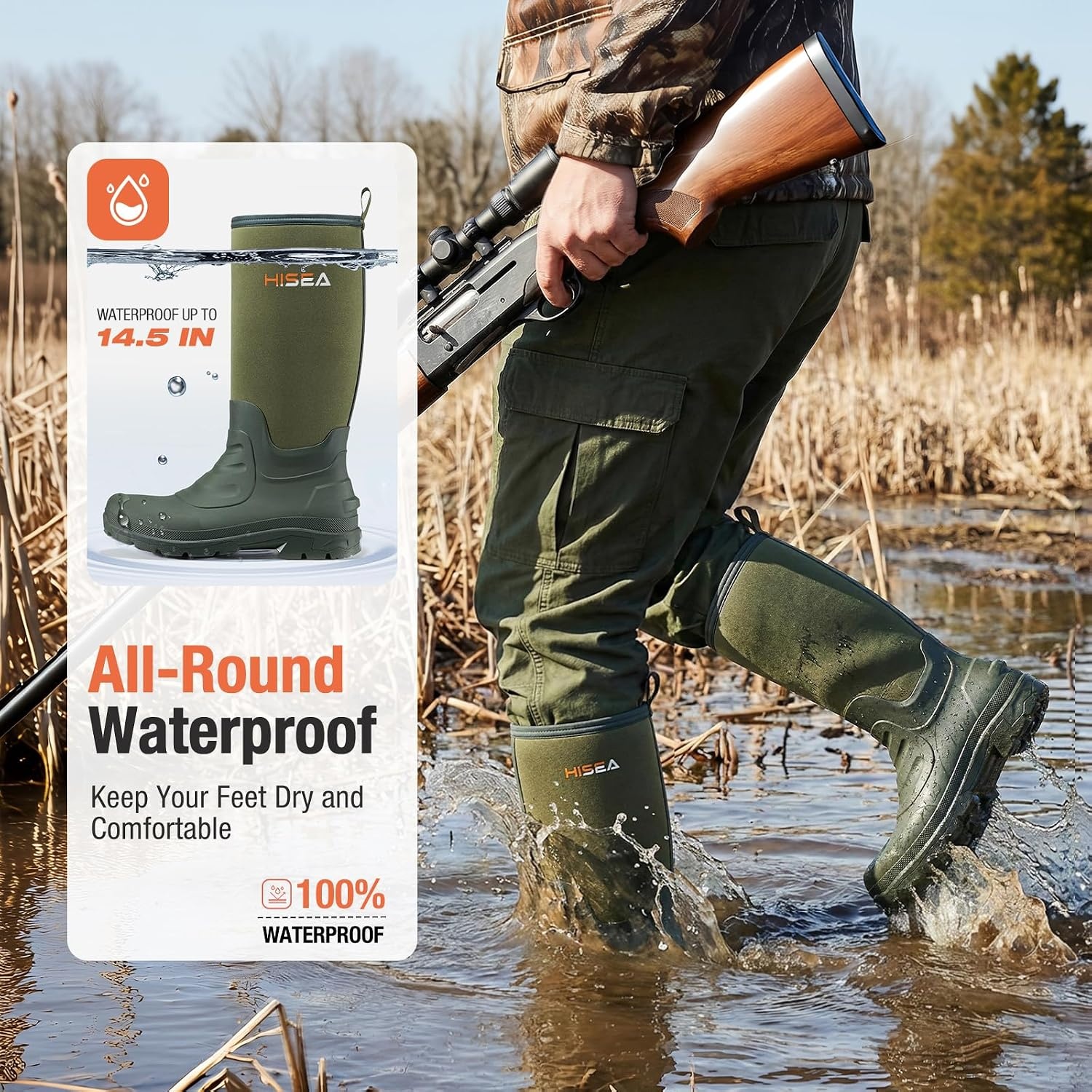 image:imageHISEA Mens Neoprene Rubber Rain BootsWaterproof Insulated Hunting Fishing Mud BootsWarm Boot with Comfortable NonSlip Soles Suitable for Outdoor Garden WorkOlive Green