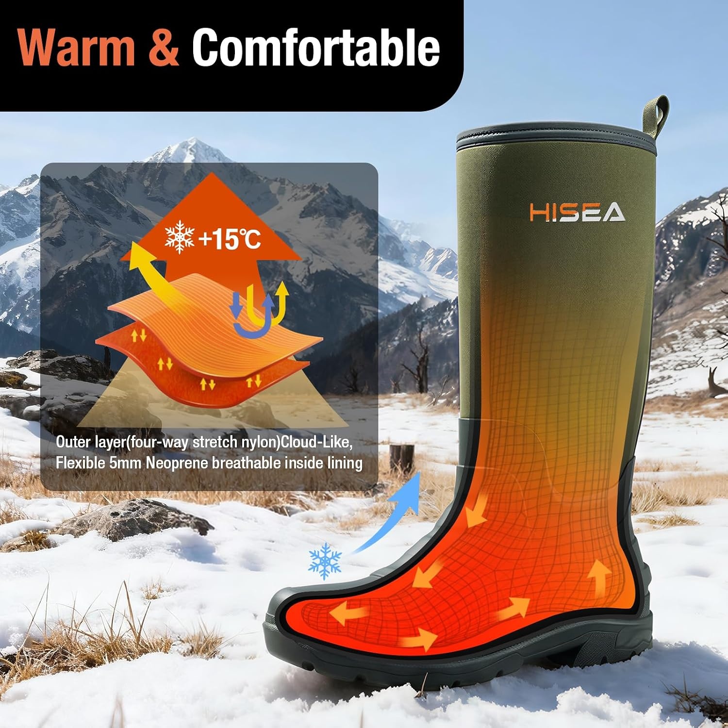 image:imageHISEA Mens Neoprene Rubber Rain BootsWaterproof Insulated Hunting Fishing Mud BootsWarm Boot with Comfortable NonSlip Soles Suitable for Outdoor Garden WorkOlive Green