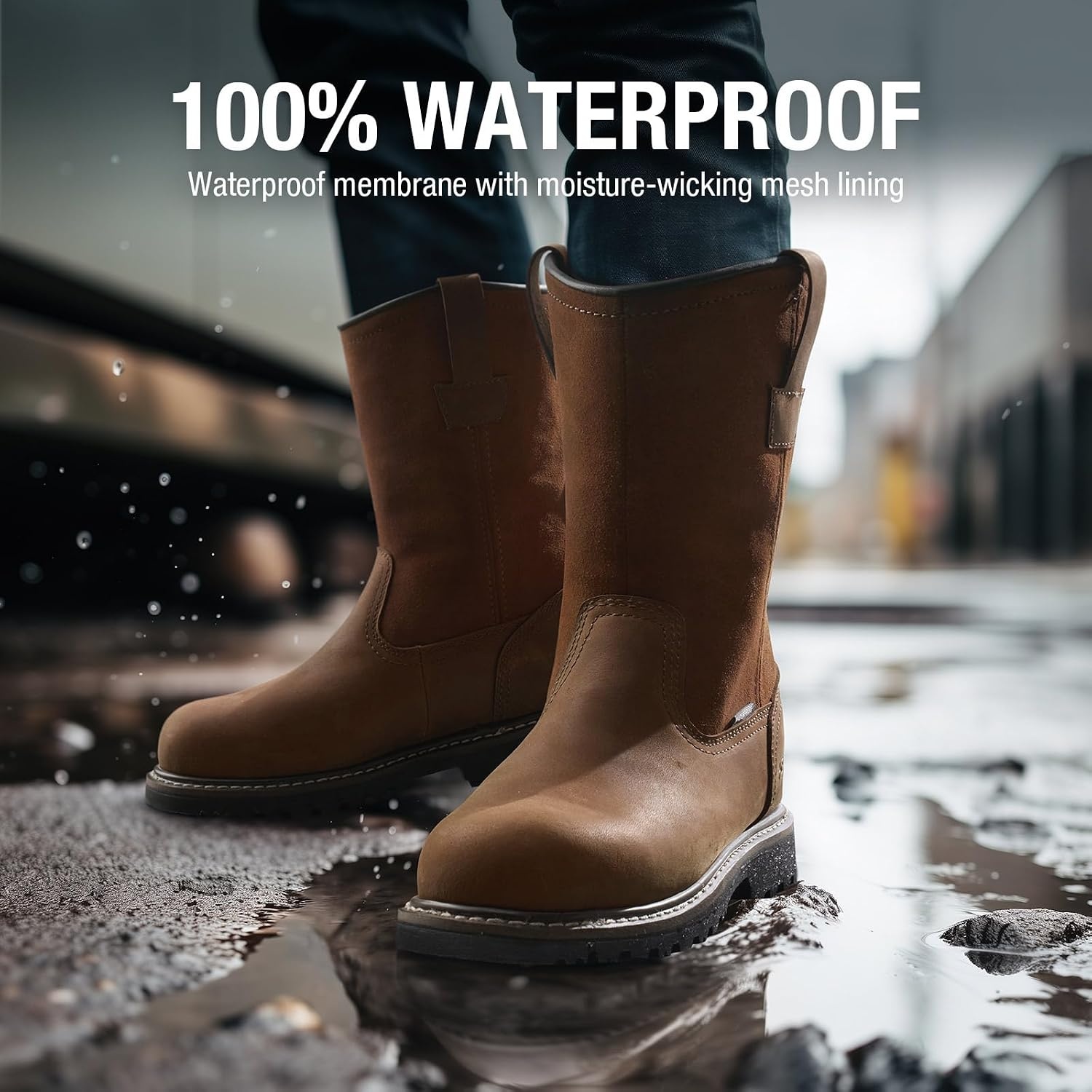 image:imageHISEA NINGO Steel Toe Work Boots for Men Waterproof Slip on Wellington Boots with Fullgrain Leather Oil and Slip Resistant Soft Toe Pull on Safety Boots for Men for Construction Working WeldingWaterproof Steel Toe Light Brown