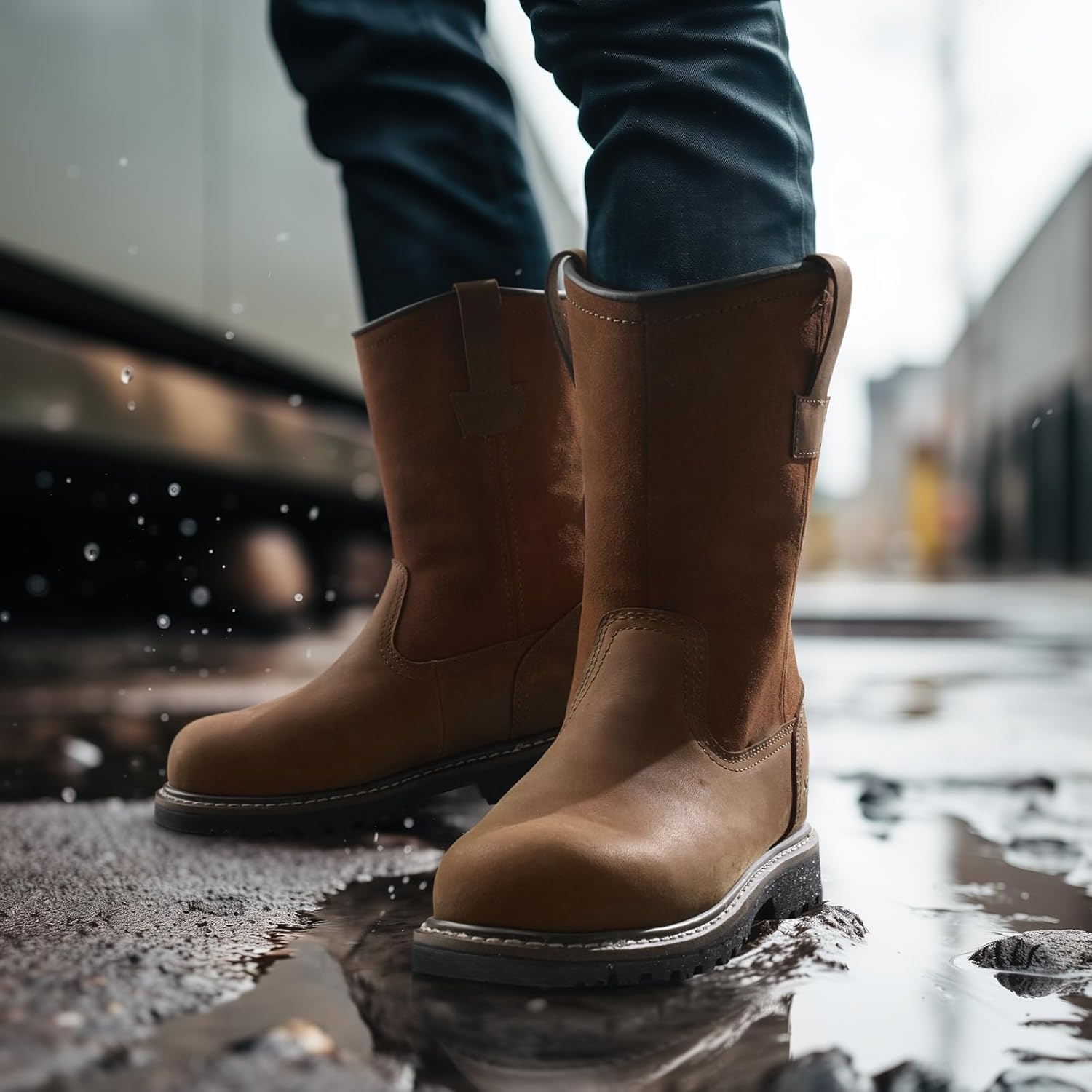 image:imageHISEA NINGO Steel Toe Work Boots for Men Waterproof Slip on Wellington Boots with Fullgrain Leather Oil and Slip Resistant Soft Toe Pull on Safety Boots for Men for Construction Working WeldingSoft Toe Light Brown