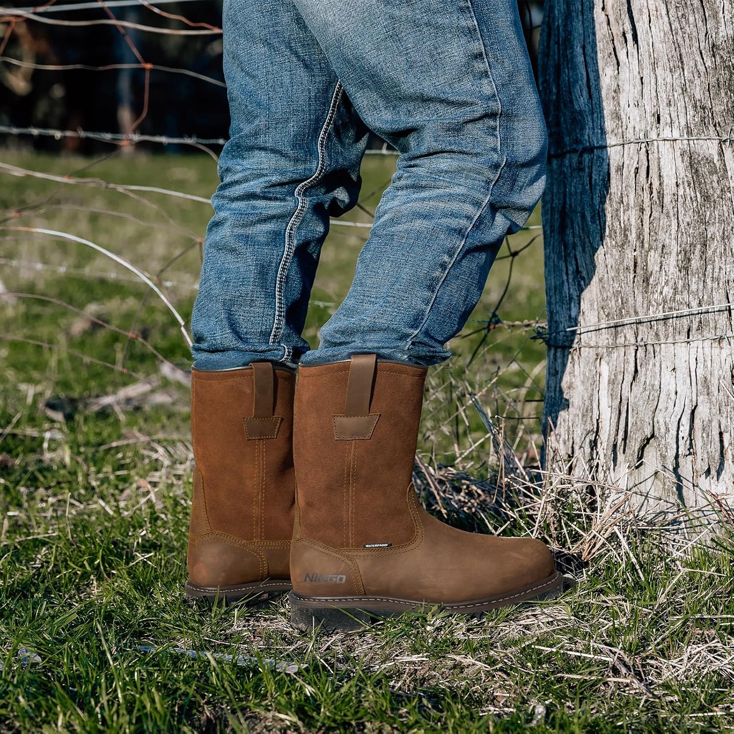 image:imageHISEA NINGO Steel Toe Work Boots for Men Waterproof Slip on Wellington Boots with Fullgrain Leather Oil and Slip Resistant Soft Toe Pull on Safety Boots for Men for Construction Working WeldingWaterproof Steel Toe Light Brown