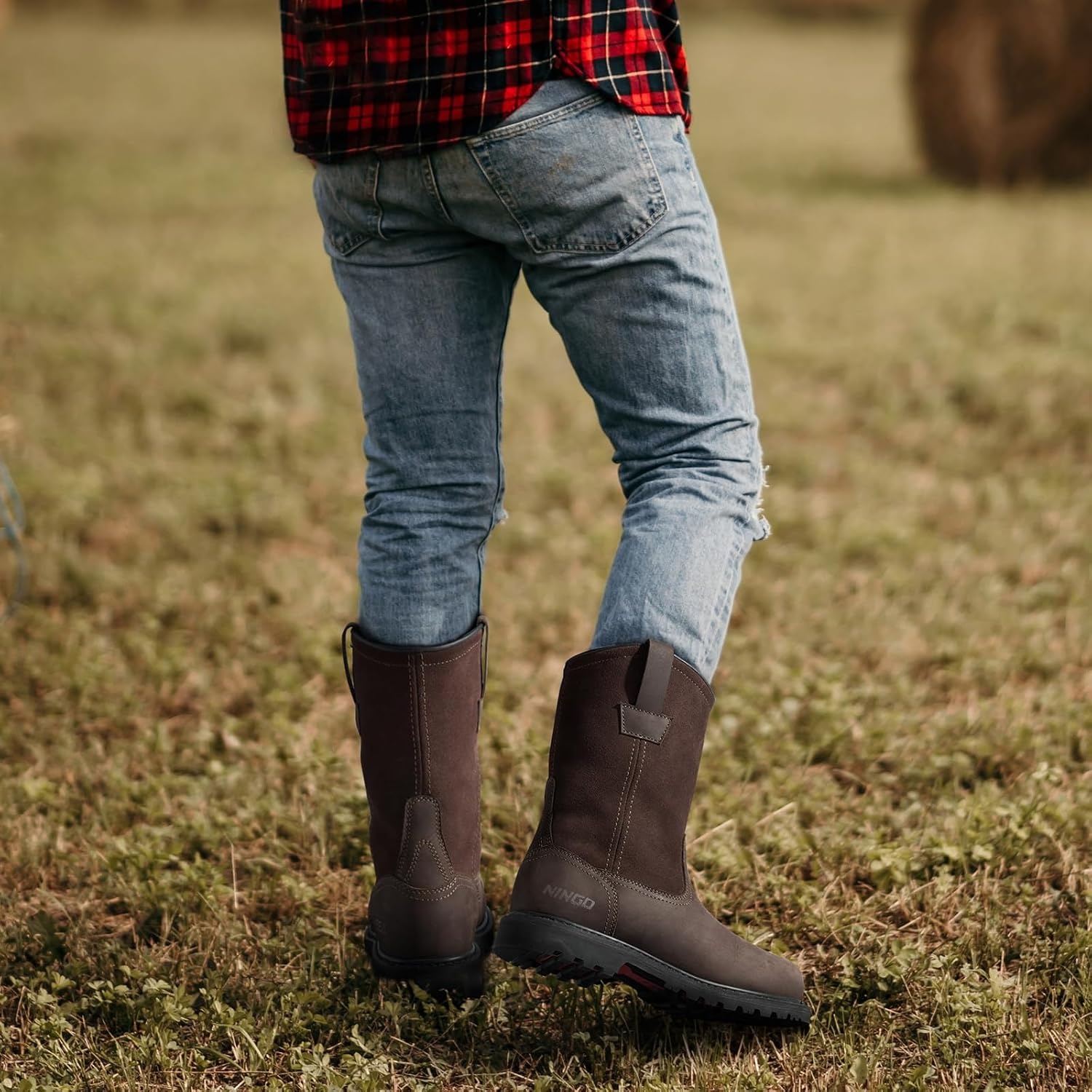 image:imageHISEA NINGO Steel Toe Work Boots for Men Waterproof Slip on Wellington Boots with Fullgrain Leather Oil and Slip Resistant Soft Toe Pull on Safety Boots for Men for Construction Working WeldingSoft Toe Dark Brown