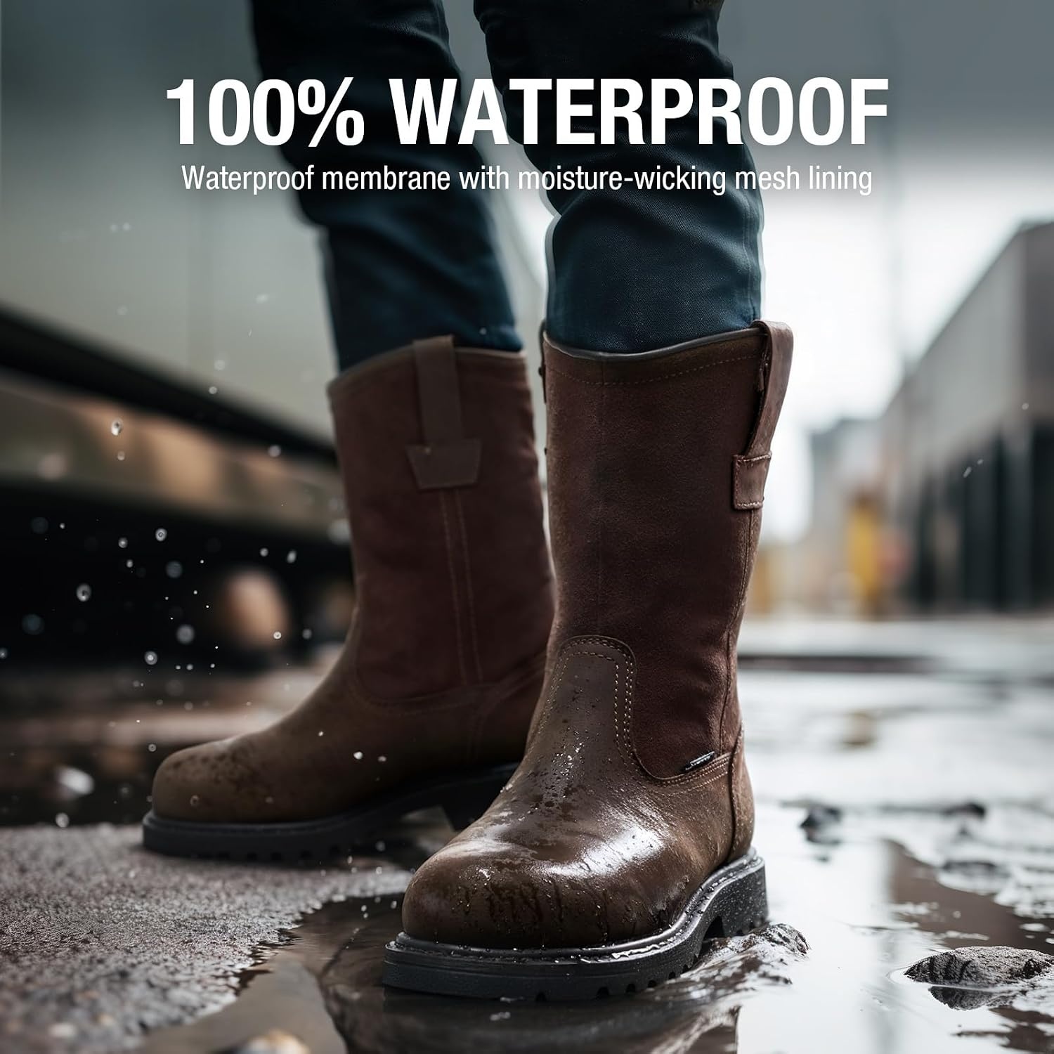image:imageHISEA NINGO Steel Toe Work Boots for Men Waterproof Slip on Wellington Boots with Fullgrain Leather Oil and Slip Resistant Soft Toe Pull on Safety Boots for Men for Construction Working WeldingWaterproof Steel Toe Dark Brown