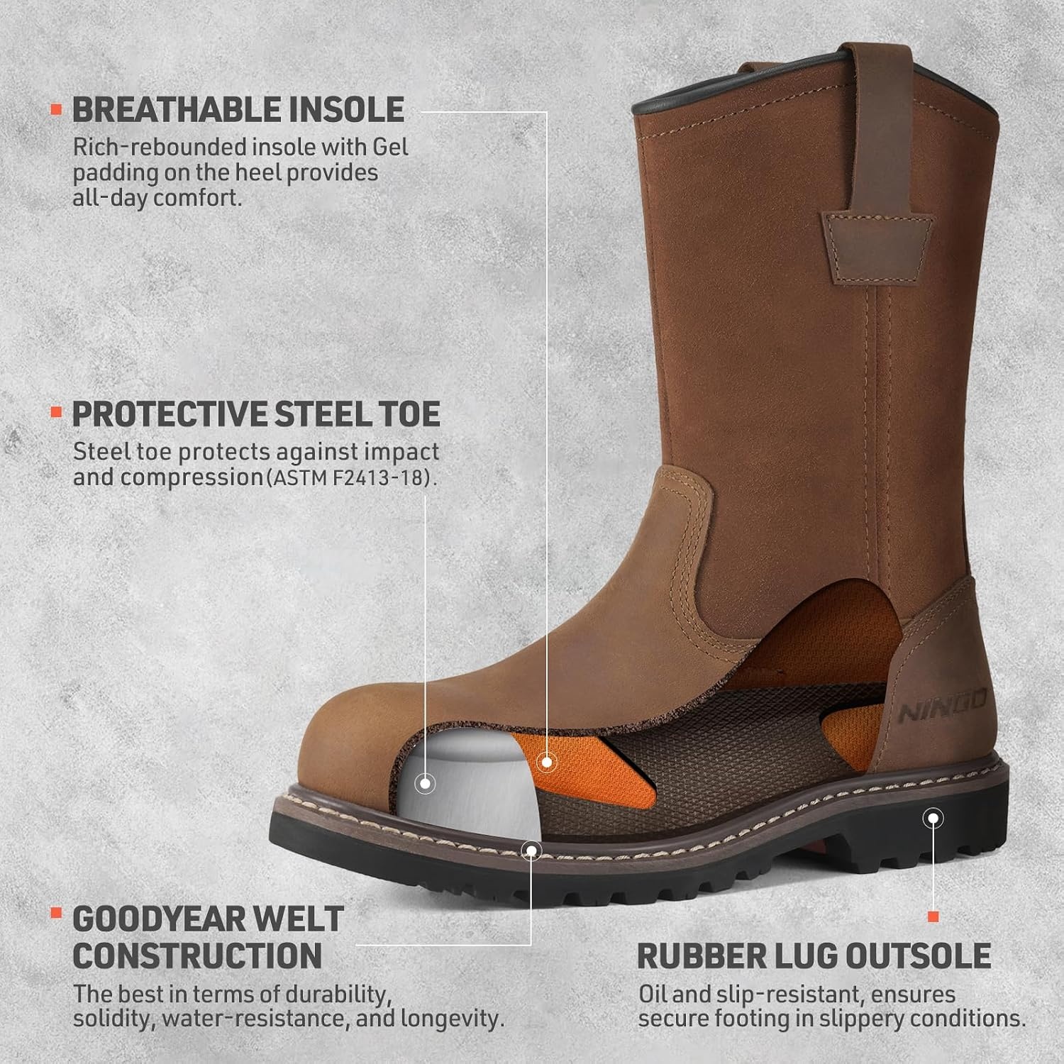 image:imageHISEA NINGO Steel Toe Work Boots for Men Waterproof Slip on Wellington Boots with Fullgrain Leather Oil and Slip Resistant Soft Toe Pull on Safety Boots for Men for Construction Working WeldingWaterproof Steel Toe Light Brown